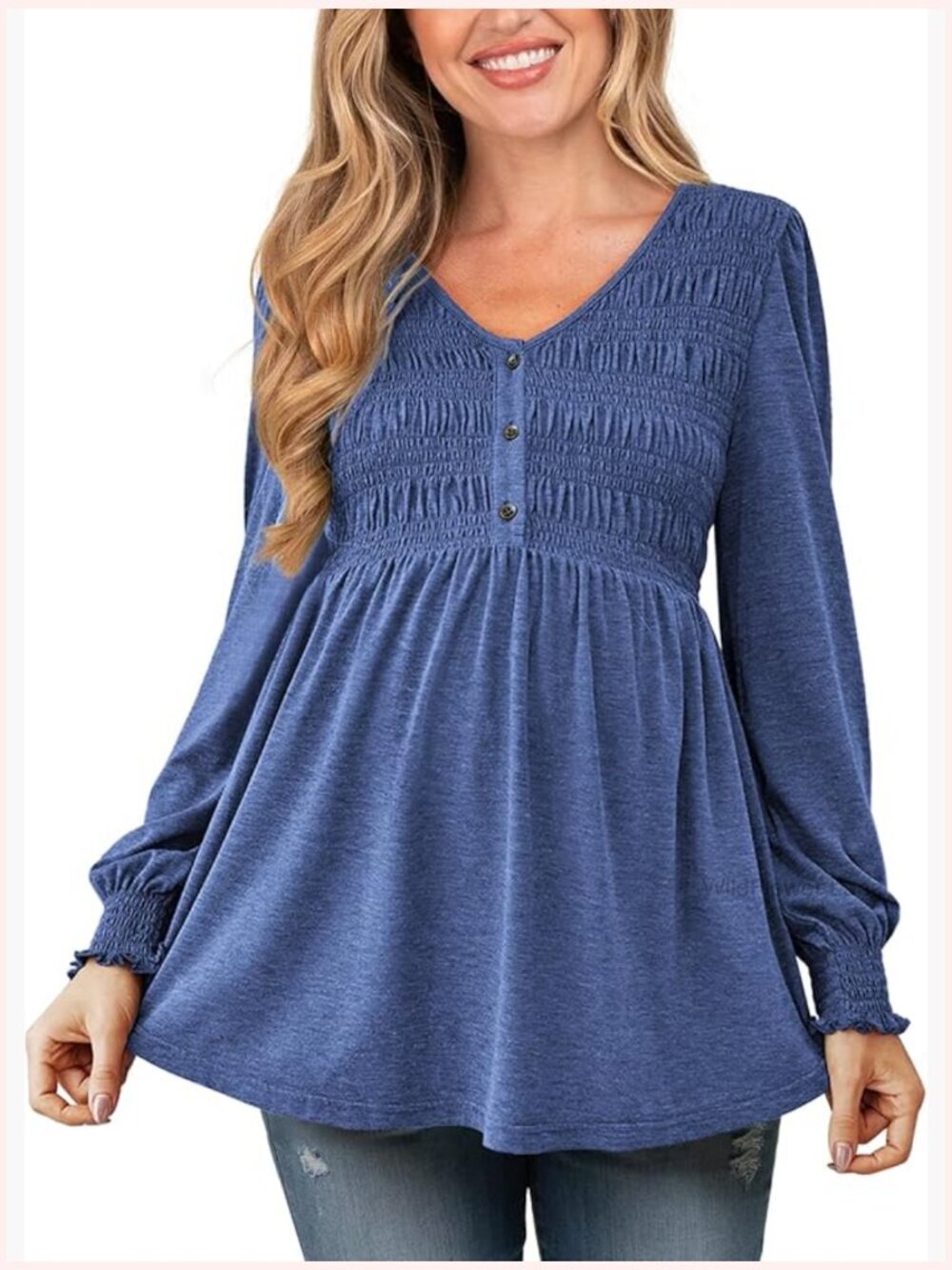 Maternity Babydoll Top V Neck Long Puff Sleeve Smocked Ruched Blouse